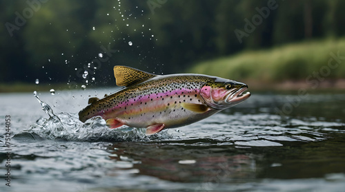 3D illustration of Rainbow trout jumping out of the water.generative ai photo