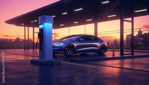 A futuristic car is parked at a charging station