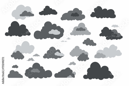 Cartoon rainy storm cloud vector set. White sky with dark grey clouds	