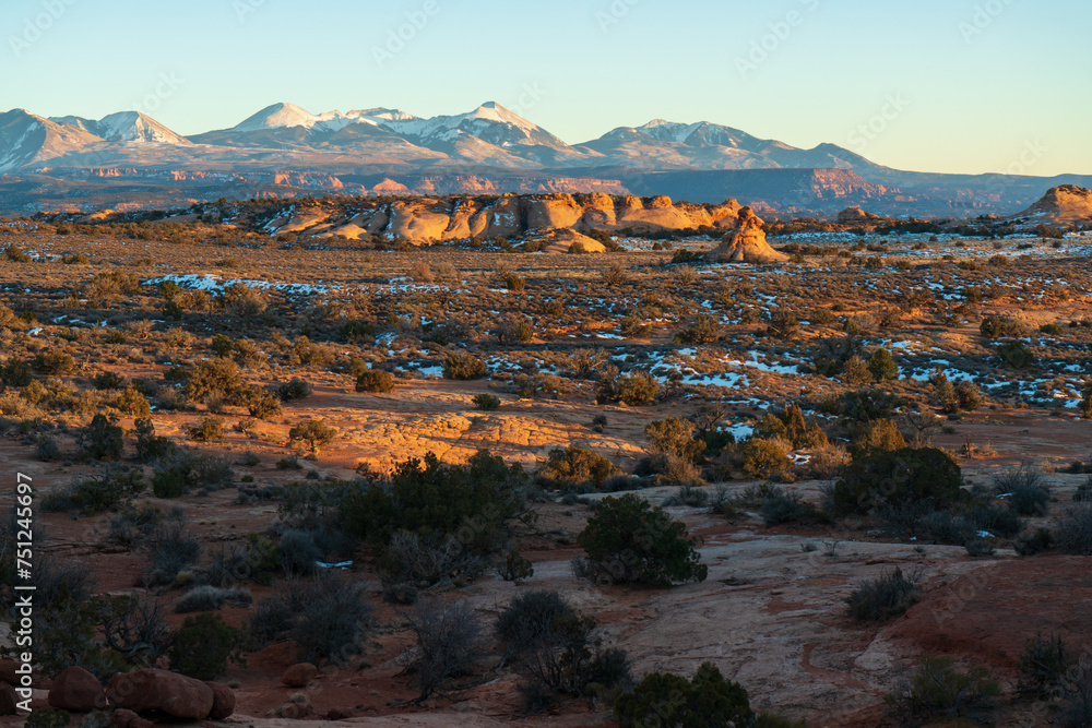 Snowy Desert Landscape and Buttes at Arches National Park, in eastern Utah