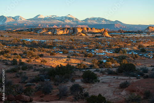 Snowy Desert Landscape and Buttes at Arches National Park, in eastern Utah