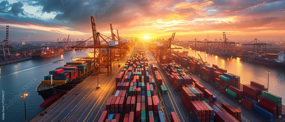 The sun sets over a bustling industrial shipping port, loaded with colorful containers and cranes, highlighting global trade.
generative ai - obrazy, fototapety, plakaty 