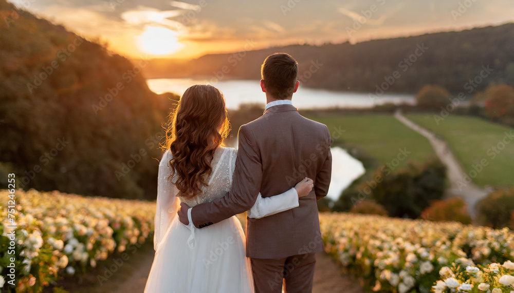 bride and groom looking at a lake at sunset bride and groom looking at a lake at sunset