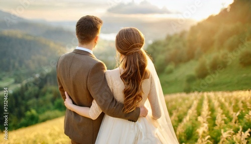 bride and groom looking at a lake at sunset