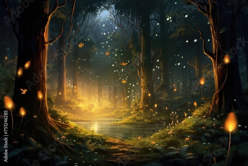 Fireflies illuminating a forest at dusk, A forest full of bright fireflies at night,Fireflies illuminating a forest at dusk. Focus shot of glowing forest on cozy blurred background nightt Ai generated © Tanu