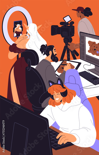 People of creative profession, hobby on poster. Creators work in digital business, social media job. Content maker does cosplay, blogging, videographer filming, gamer plays. Flat vector illustration
