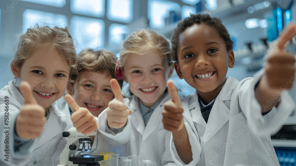 Group of children doing their dream job as Biologists at the laboratory. Concept of Creativity, Happiness, Dream come true and Teamwork. - obrazy, fototapety, plakaty 