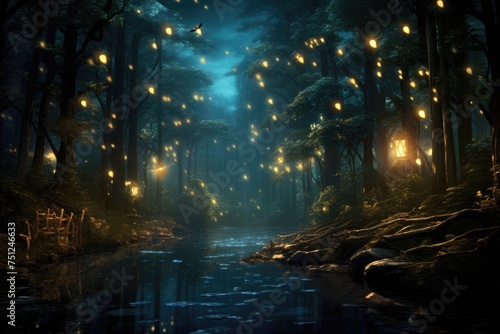 Fireflies illuminating a forest at dusk. Focus shot of glowing forest on cozy blurred background nighttime, Fireflies illuminating a forest at dusk, many yellow fireflies are floating in tAi generated