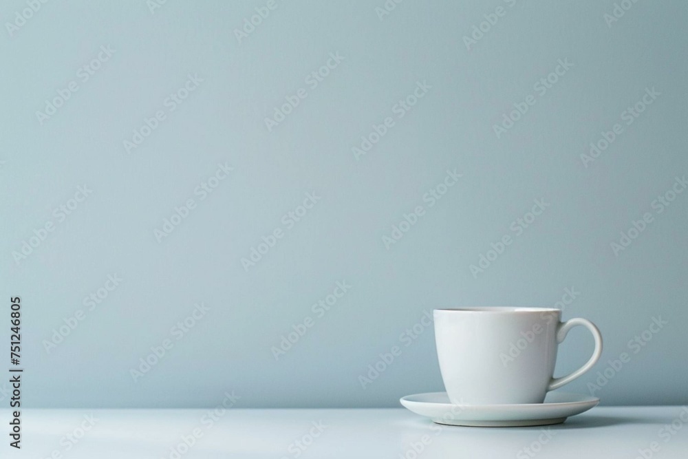 Coffee Bliss: Cup on Table, Blue Background, Copy Space, Morning Brew, Relaxing Moment, Refreshment, Cozy Atmosphere, Beverage Indulgence