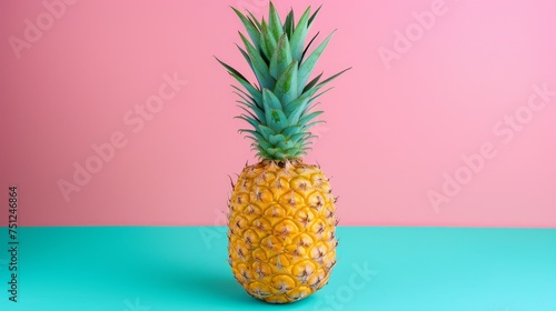 Cute fresh pineapple in tropical colors over blue and pink background, conceptual, copy space for text.