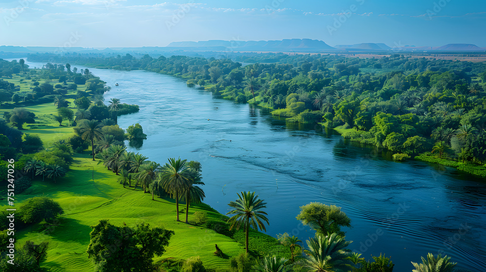 Medium shot photography, Spring Scenery at the Nile River, with lush green banks as the background, during an annual flooding