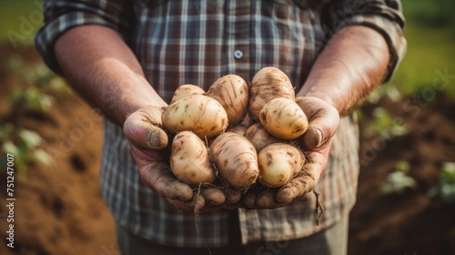 Farmer holding potatoes in field