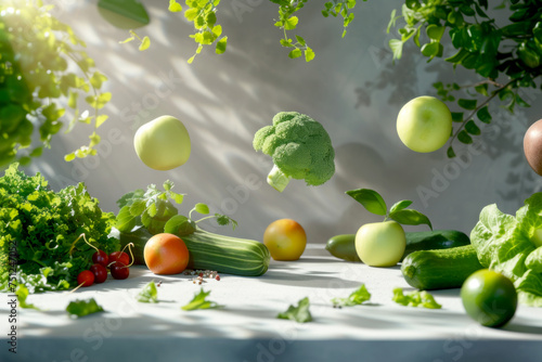 Beautiful background with various vegetables with green leaves around lit by beautiful sunlight 