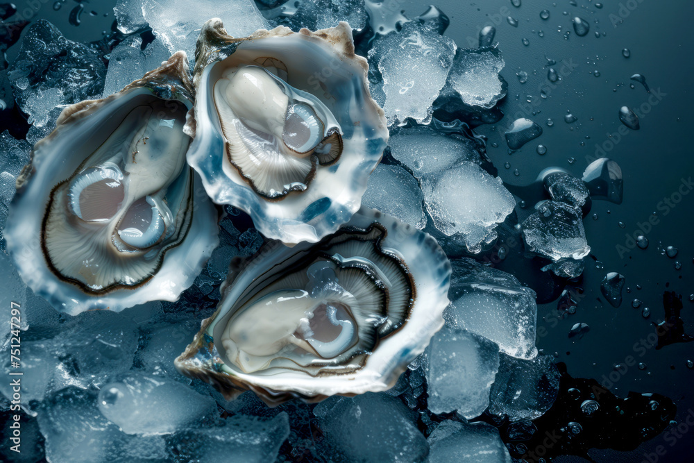 Fresh open oysters on ice cubes on beautiful rustic under empty dark background with space for text or inscriptions, top view
Fresh open oysters on ice cubes on beautiful rustic under empty dark background with space for text or inscriptions, top view