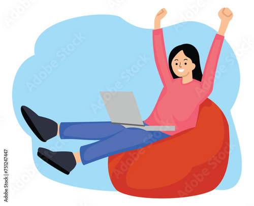 excited girl celebrating success while sitting with laptop