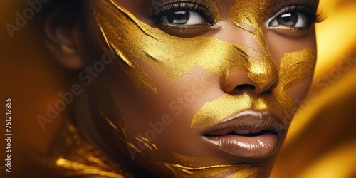 Golden woman face closeup studio background photoshot