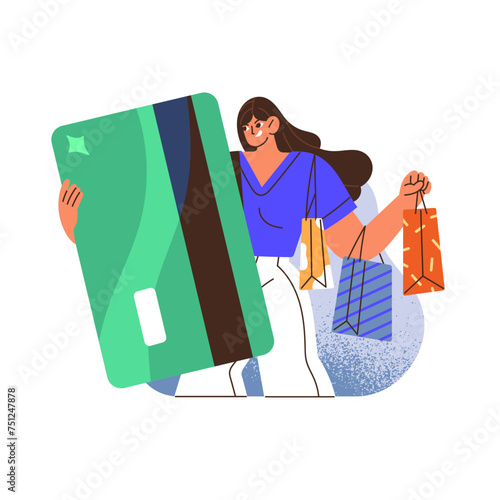 Shopaholic woman holds credit plastic card, makes purchases with NFC technology. Customer shopping, buys. Consumer does payment with electronic money. Flat isolated vector illustration on white