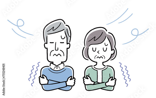ベクターイラスト素材：寒さで震えるシニア夫婦
