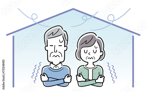 ベクターイラスト素材：家の中が寒くて震えるシニア夫婦
