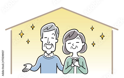 ベクターイラスト素材：家の中で快適に過ごす笑顔のシニア夫婦
