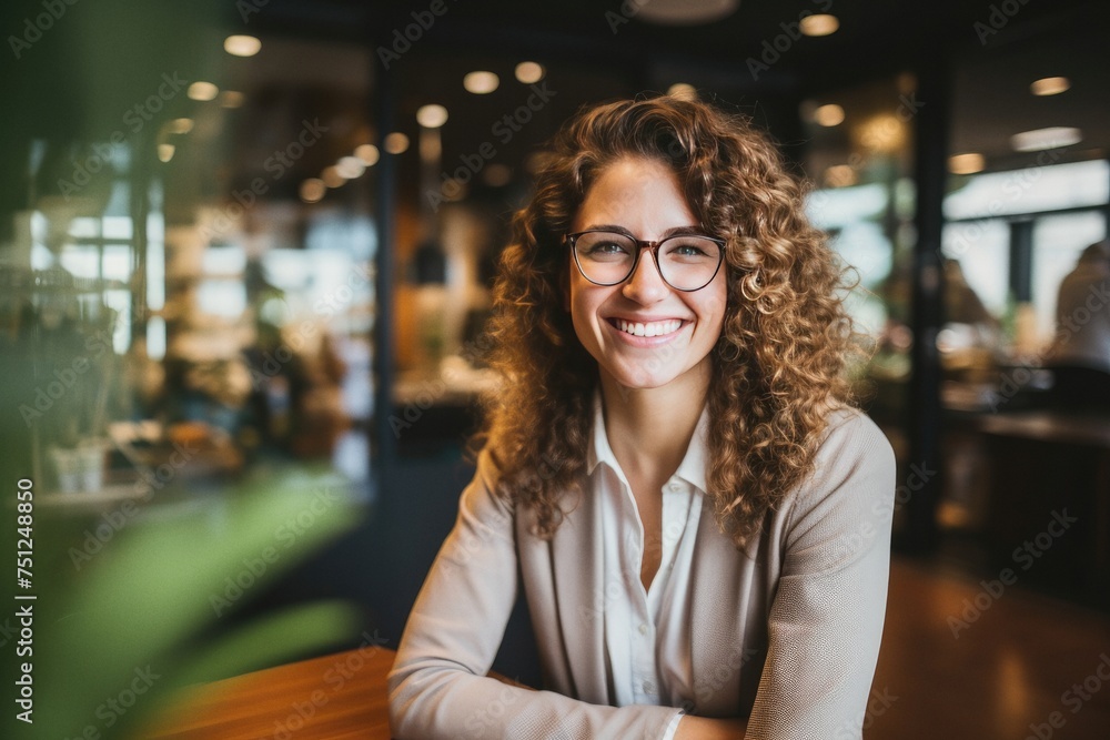 Happy business woman is smiling in office Happy business woman is smiling in office
