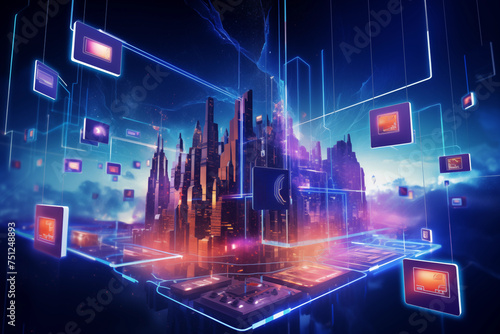 Vibrant, digital representation of a future city with floating holographic displays
