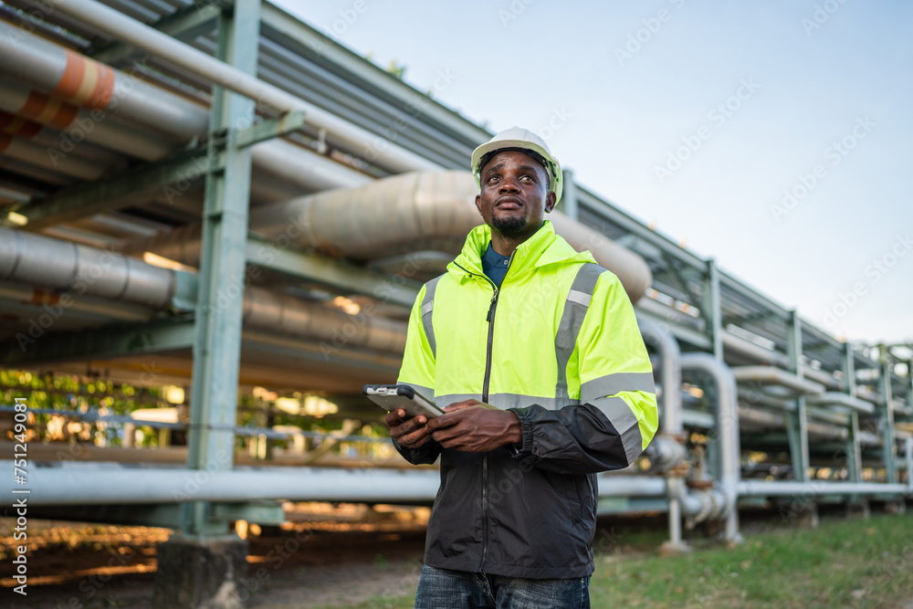 Young mechanical engineer working and holding tablet to checking and inspection gas pipeline system new construction project of industrial.