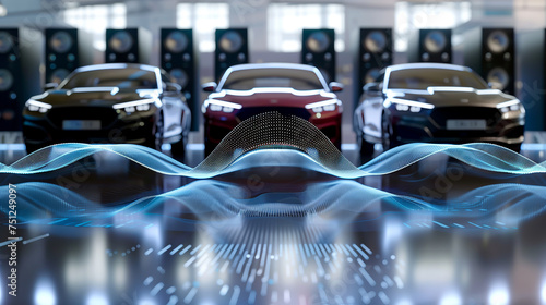 Cars parked at a motor show, and polka dotted mesh waves in front, background image about vehicles, automobile industry, automobile manufacturing and motor show