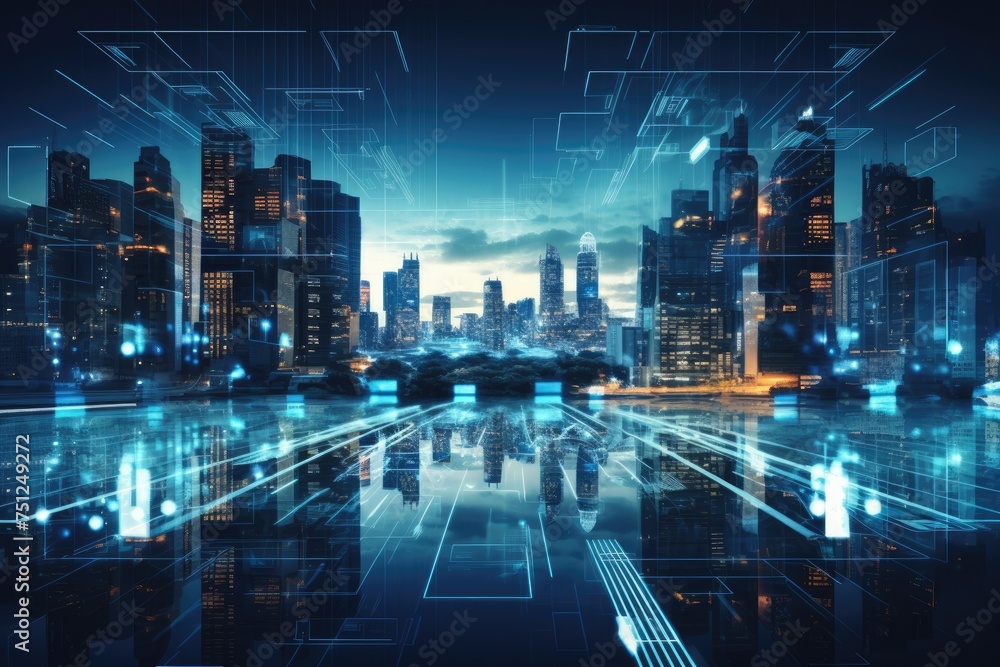 Futuristic cityscape with skyscrapers made of tech panels. Digital futuristic glowing computer energy abstract modern, A modern and futuristic city made of glass, Ai generated Futuristic cityscape with skyscrapers made of tech panels. Digital futuristic glowing computer energy abstract modern, A modern and futuristic city made of glass, Ai generated