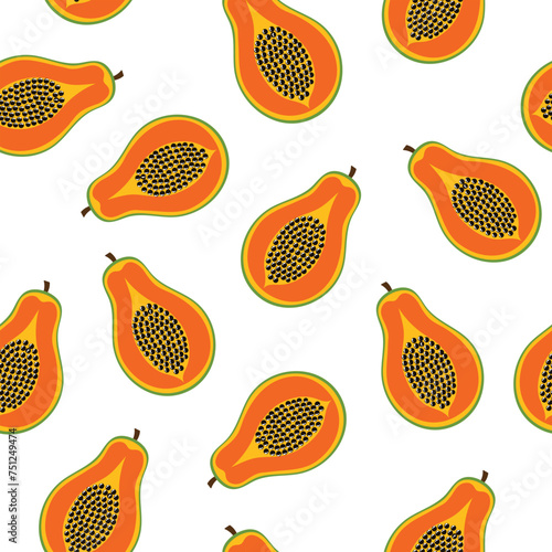 Doodle papaya seamless pattern. Tropical fruit background in cartoon style. Great for fabric, wrapping and food packaging. Vector illustration