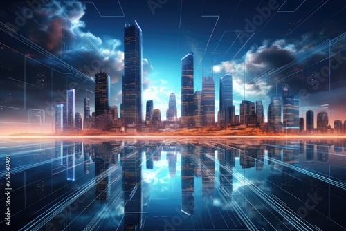 Futuristic cityscape with skyscrapers made of tech panels. Digital futuristic glowing computer energy abstract modern, A modern and futuristic city made of glass, Ai generated