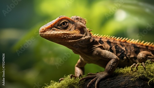 A close-up view of a frill-necked lizard perched on a tree branch in its natural habitat. The lizard is basking under the sun  showcasing its unique features