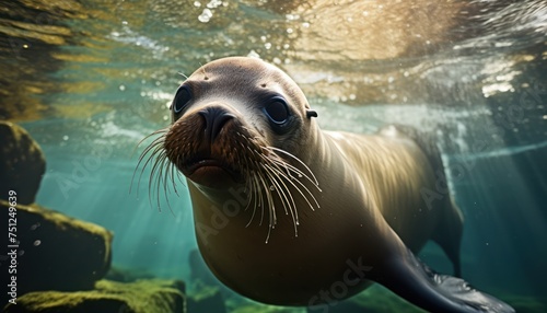A Galapagos sea lion gracefully swims in its natural habitat, moving effortlessly through the clear blue water. The sea lions sleek body propels it forward as it navigates its aquatic environment © Anna