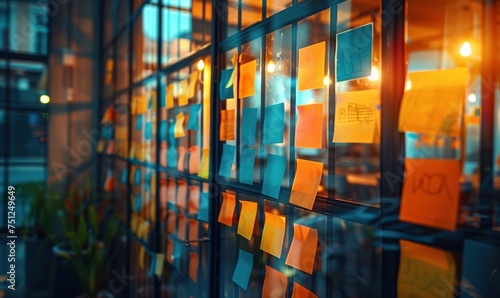 Business or creative presentation. Brainstorming with sticky paper notes on glass wall for new ideas in tech startup office © Jam