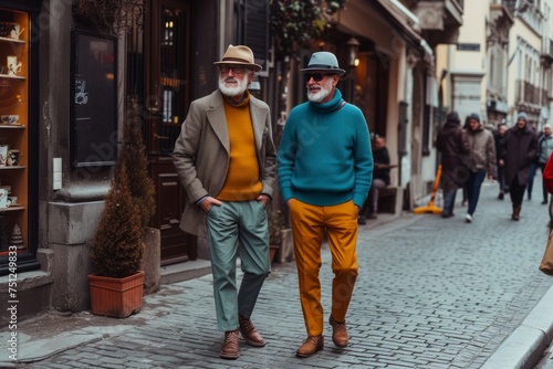 Two fashionable and elegant old men walk the streets of European city, wearing warm knitwear, pants, colors teal, mustard, light blue, ivory.