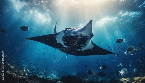 A manta ray gracefully swims through the clear blue ocean, its wings elegantly flapping to propel it forward. The sunlight filters through the water, creating a stunning scene of marine life in motion