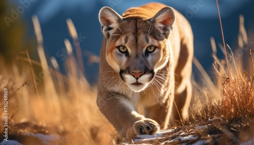 A mountain lion  also known as a cougar  is captured up close as it gracefully walks through a field. Its powerful muscles ripple beneath its fur as it confidently moves across the grassy terrain