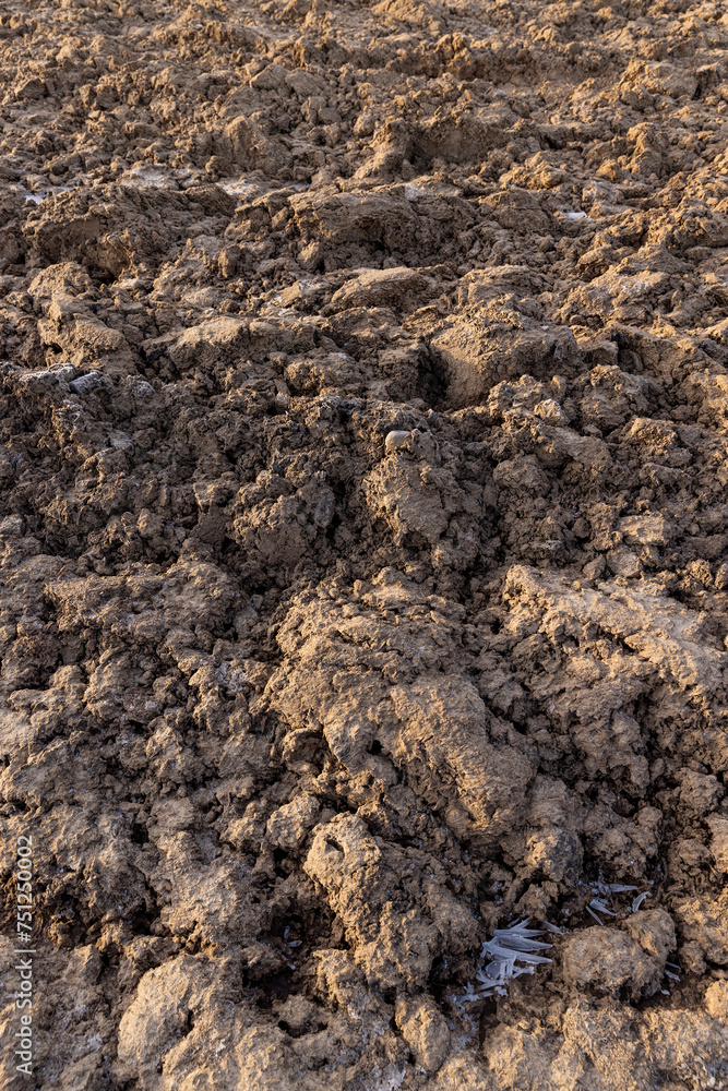 frozen land in an agricultural plowed field in sunny weather frozen land in an agricultural plowed field in sunny weather