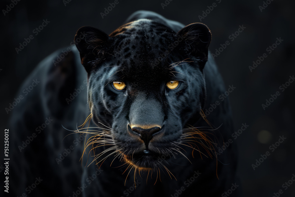 Portrait of a black panther with bright yellow eyes looking straight into the camera with space for text or inscriptions
