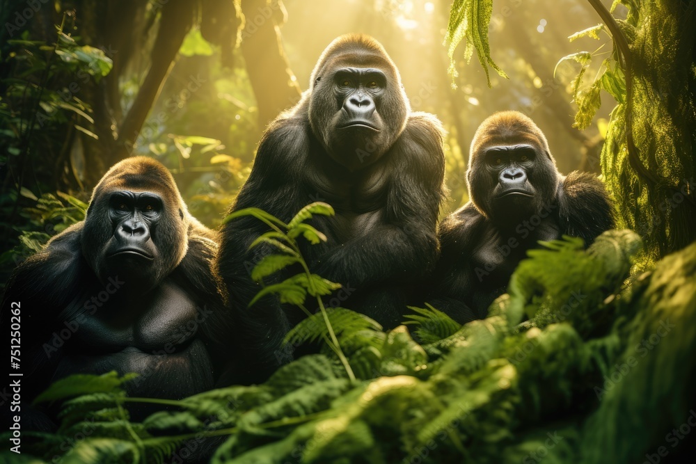 A group of gorillas in their natural rainforest habitat, Close up portrait of cute endangered primate generated by AI A group of gorillas in their natural rainforest habitat, Close up portrait of cute endangered primate generated by AI