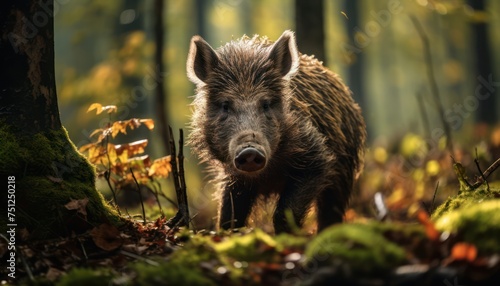 A wild boar is seen strolling through a dense forest, surrounded by trees and foliage. The boars course is steady and deliberate as it navigates its natural habitat