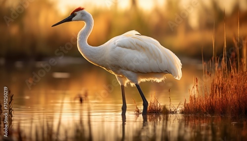 A Whooping Crane, a large white bird, is standing in a body of water, displaying its majestic presence in its natural habitat. The bird is tall, elegant, and gracefully poised, surrounded by the rippl photo