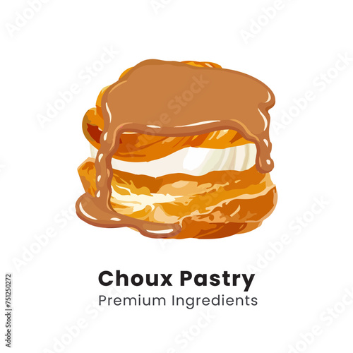 Hand drawn vector illustration of choux pastry cream puff dessert