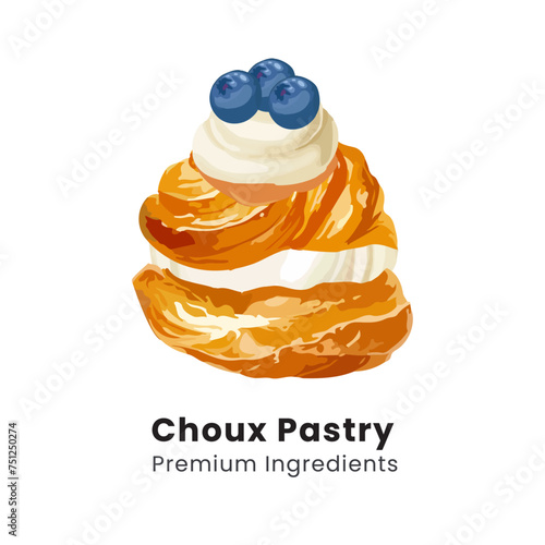 Hand drawn vector illustration of choux pastry cream puff dessert