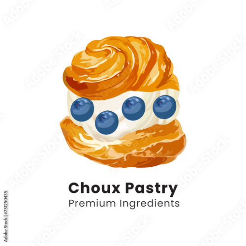 Hand drawn vector illustration of choux pastry cream puff dessert