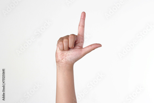 Alphabet finger spelling L, in sign language isolated on white background