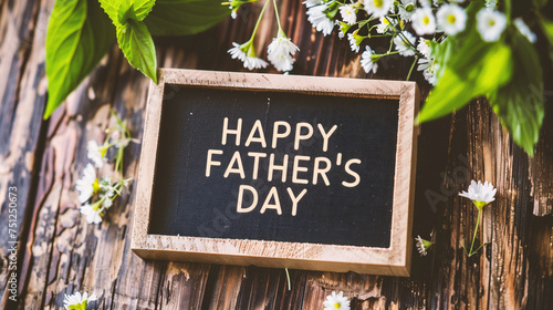 Happy Father's Day text on blackboard with white flowers on wooden background