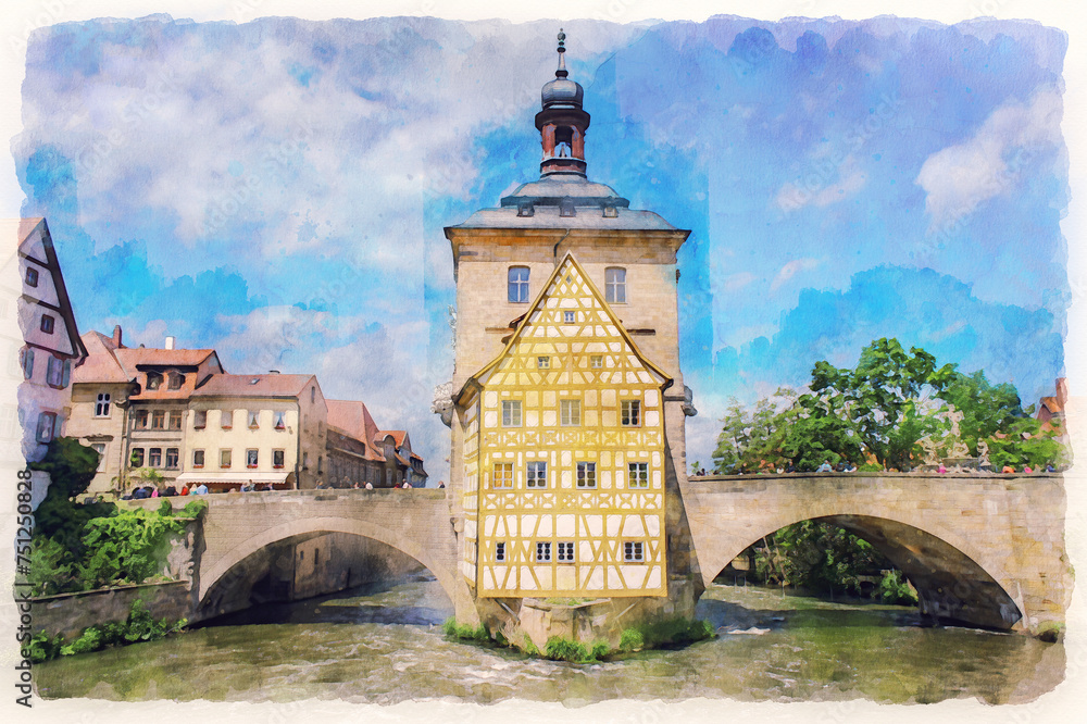 Old town hall standing over the Regnitz River in Bamberg, Bavaria, Germany. Watercolor painting. A famous UNESCO World Cultural Heritage Site, a popular tourist destination.
