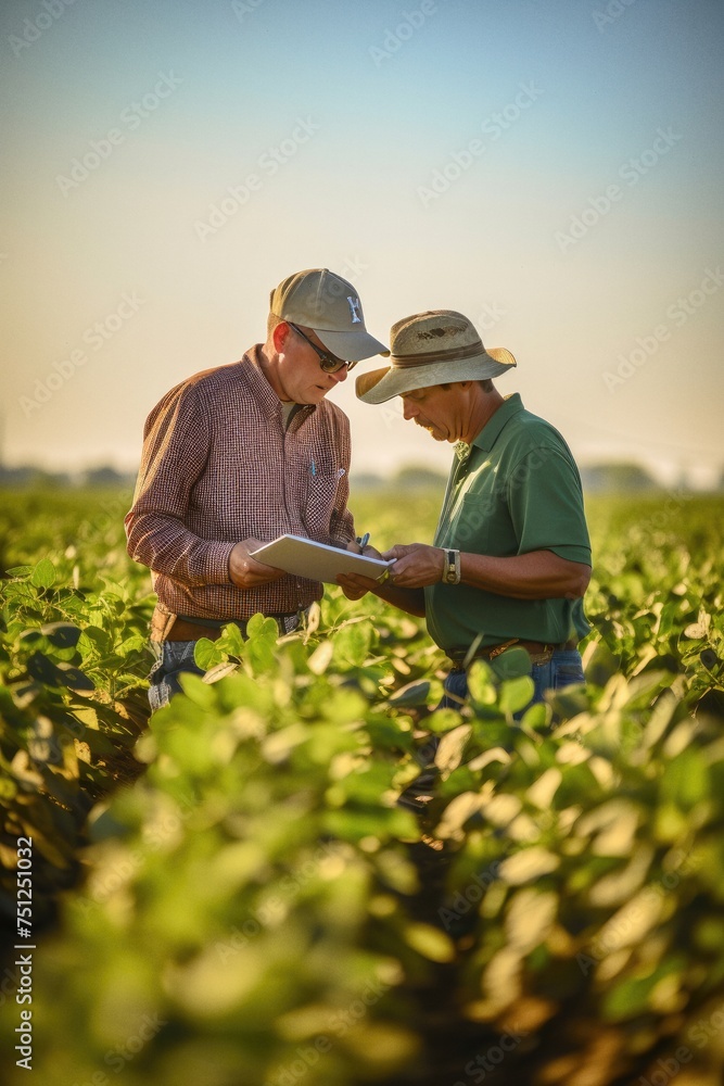 Two farmers in a field examining soy crop
