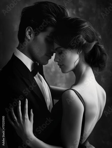 An elegant couple in a black and white portrait in an intimate embrace